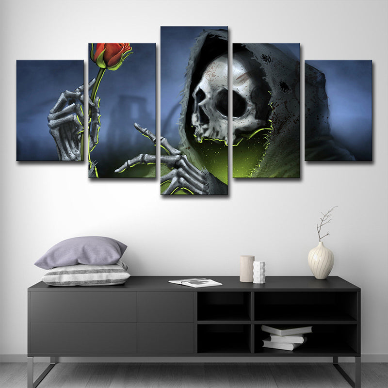 Vivolux | Grim Reaper mit Rose Kunstdruck Modern Stil Mehrteilige Wanddekoration in Blau für Zimmer