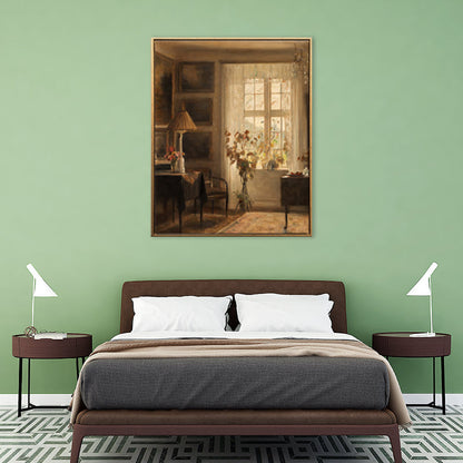 Vivolux | Braune Fensterlandschaft Kunstdruck Rustikaler Texturierter Eingewickelter Canvas für Esszimmer (Mehrere Größenoptionen)