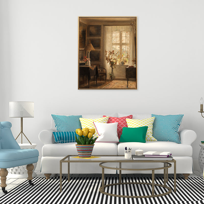 Vivolux | Braune Fensterlandschaft Kunstdruck Rustikaler Texturierter Eingewickelter Canvas für Esszimmer (Mehrere Größenoptionen)