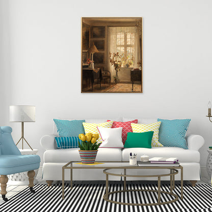 Vivolux | Braune Fensterlandschaft Kunstdruck Rustikaler Texturierter Eingewickelter Canvas für Esszimmer (Mehrere Größenoptionen)