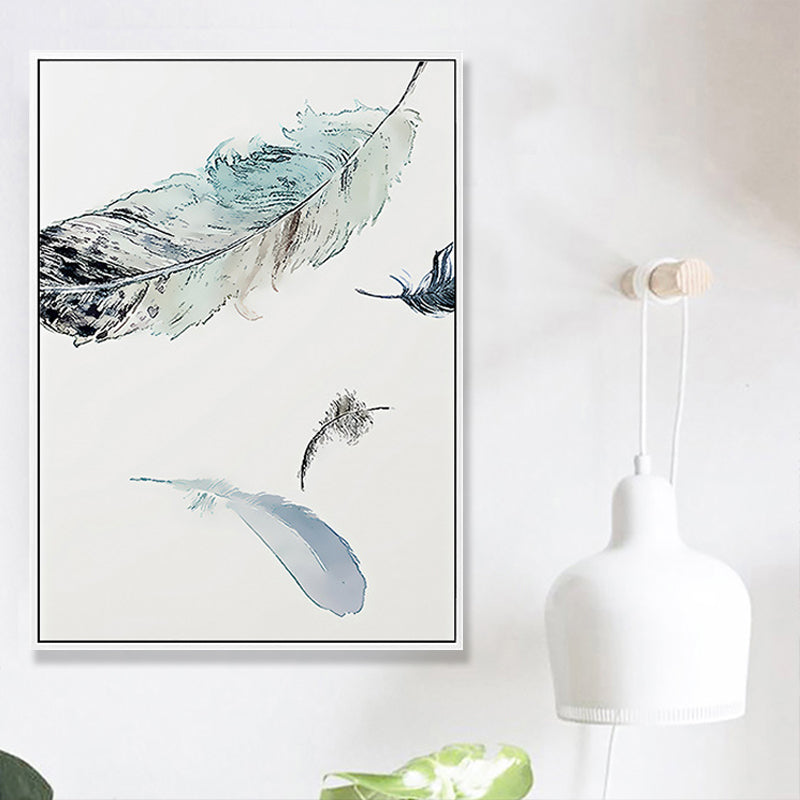 Vivolux | Schwebende Vogel Federn Wanddekoration Zeitgenössischer Stil Leinwand Texturiertes Gemälde in Blau