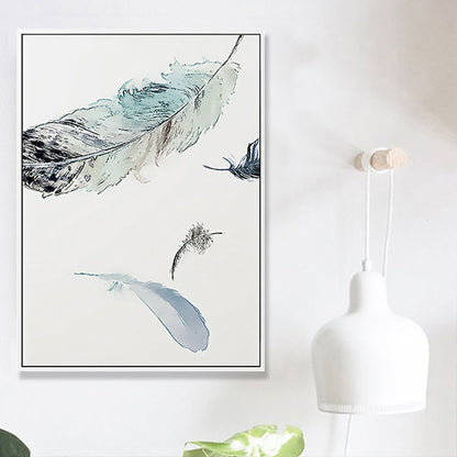 Vivolux | Schwebende Vogel Federn Wanddekoration Zeitgenössischer Stil Leinwand Texturiertes Gemälde in Blau