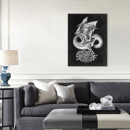Vivolux | Illusion Bleistift Drachen Leinwand Kunst Moderne Texturierte Jungenzimmer Wanddeko in Grau auf Schwarz