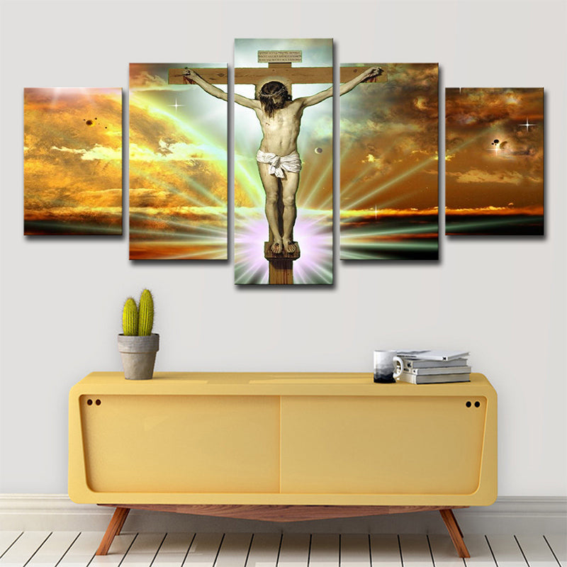 Vivolux | Global Inspirierte Religion Wandkunst Gelber Jesus am Kreuz mit Sonnenlicht Hintergrund Leinwand