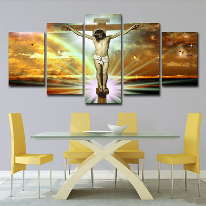 Vivolux | Global Inspirierte Religion Wandkunst Gelber Jesus am Kreuz mit Sonnenlicht Hintergrund Leinwand