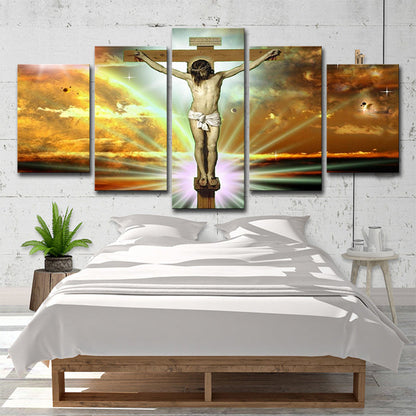 Vivolux | Global Inspirierte Religion Wandkunst Gelber Jesus am Kreuz mit Sonnenlicht Hintergrund Leinwand