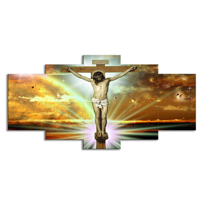 Vivolux | Global Inspirierte Religion Wandkunst Gelber Jesus am Kreuz mit Sonnenlicht Hintergrund Leinwand
