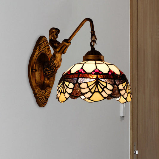 Vivolux | 1 Kopf Scalloped Kuppel Wandleuchte Tiffany Gold Cut Glas Wandleuchte mit Meerjungfrau/schwingendem Arm