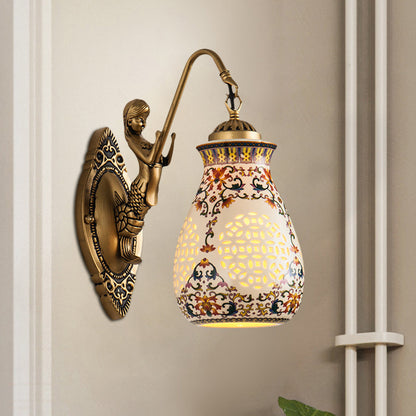Vivolux | Keramische Antieke Messing Wandverlichting Gepiercte Pot 1/2-Kop Traditioneel Patroon Wandlamp met Klein Zeemeermin Ontwerp