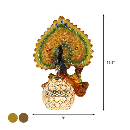 Vivolux | Klassieke Orb Vorm Wandlamp 1 Hoofd Duidelijk K9 Kristal Wandlamp Lichtarmatuur met Pauw Decor in Geel/Goud