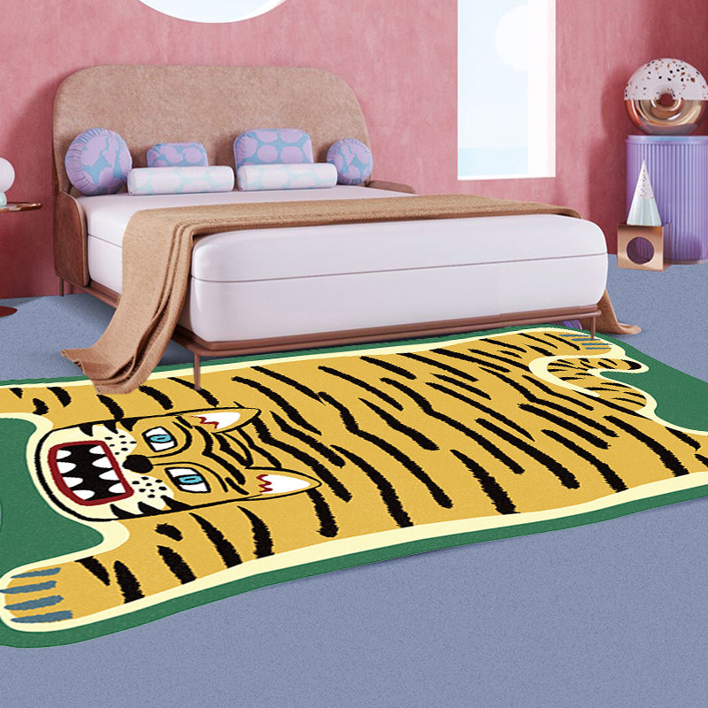 Vivolux | Gelber und brauner unregelmäßiger Teppich Kinderzimmer Tier Tiger Leopard Löwe Muster Bereichsteppich Polyester schmutzabweisender Teppich
