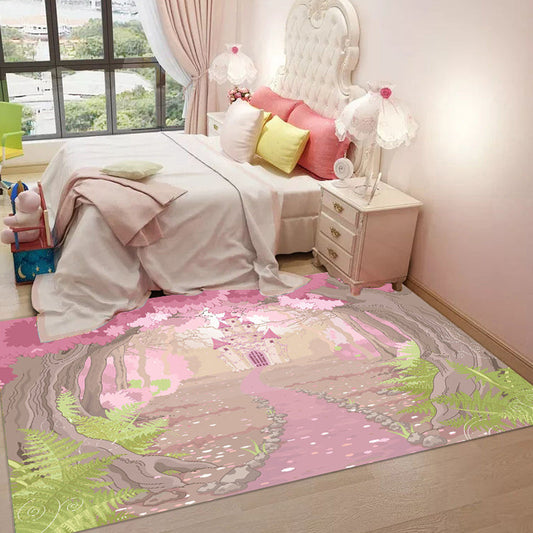 Vivolux | Roze en blauwe kids tapijt Polyester Bos en stad patroon tapijt Dier vriendelijk Wasbaar Antislip achterkant vloerkleed voor decoratie