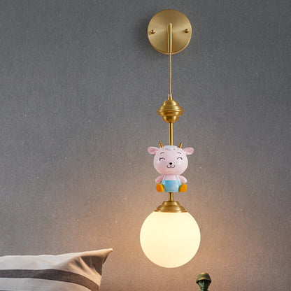 Vivolux | Globe Wandleuchte Cartoon Opalglas 1 Kopf Gold Wandlampe mit Schaf/Äffchen/Kaninchen Deco