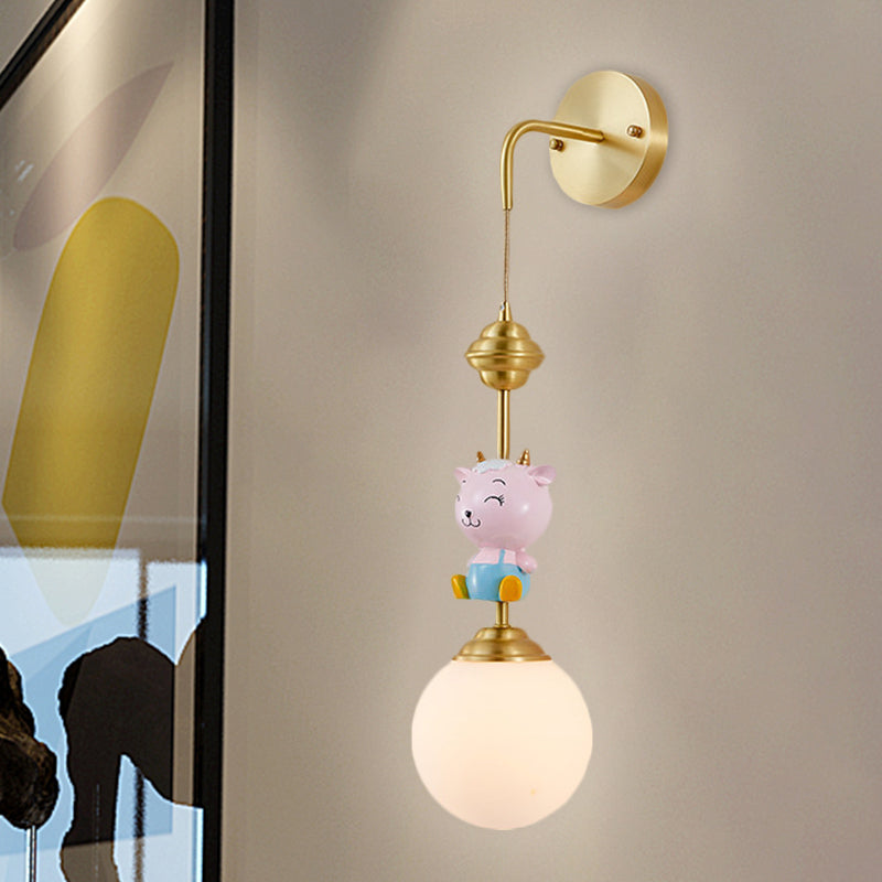 Vivolux | Globe Wandleuchte Cartoon Opalglas 1 Kopf Gold Wandlampe mit Schaf/Äffchen/Kaninchen Deco