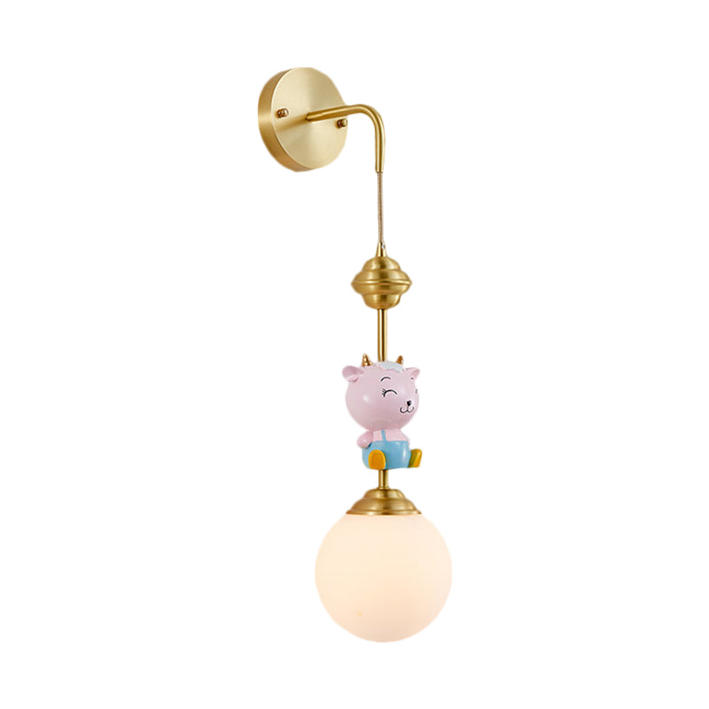 Vivolux | Globe Wandleuchte Cartoon Opalglas 1 Kopf Gold Wandlampe mit Schaf/Äffchen/Kaninchen Deco