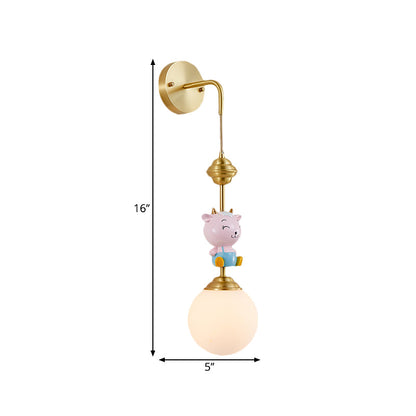 Vivolux | Globe Wandleuchte Cartoon Opalglas 1 Kopf Gold Wandlampe mit Schaf/Äffchen/Kaninchen Deco