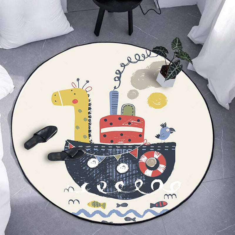 Vivolux | Kinder-Schiff-Muster-Teppich Beige und Orange Polyester Teppich Waschbar Haustierfreundlicher Rutschfester Teppich für das Kinderzimmer