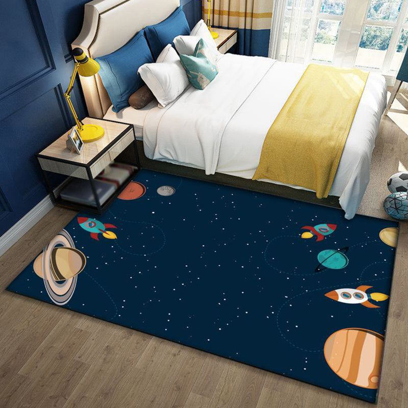 Vivolux | Stylish Outer Space pattern rug blue and black children's rug polyester washable pet-friendly anti-slip rug for children's room