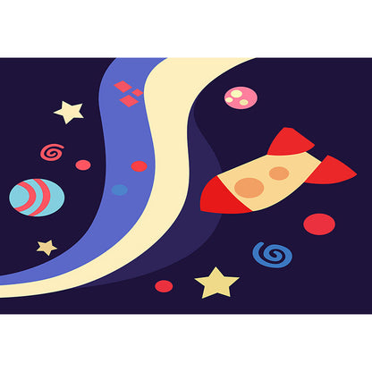 Vivolux | Kindermatten mit Raumschiffmuster und Planet Dunkelblau Polyester Teppich Waschbar Haustierfreundlich Rutschfester Teppich für das Kinderzimmer