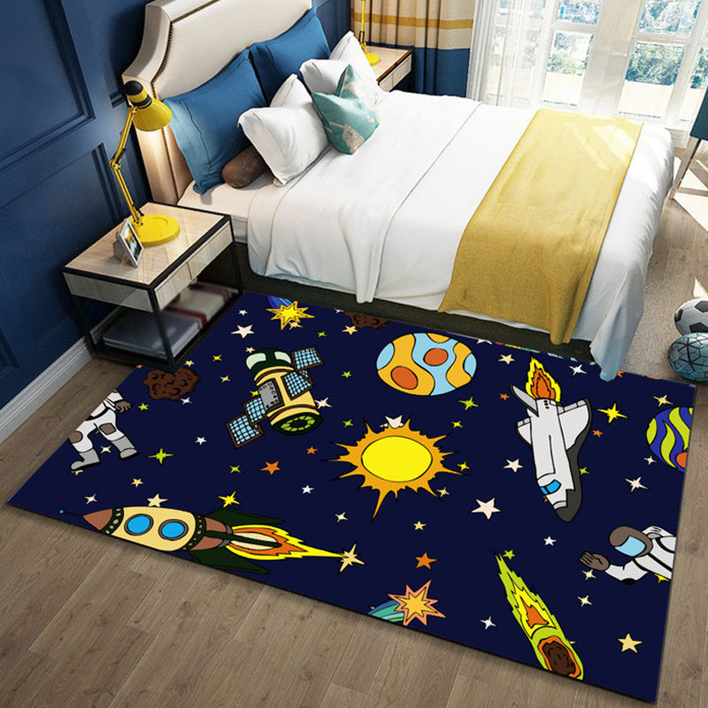 Vivolux | Zwart en Blauw Kids Tapijt Polyester Ruimte en Strand Patroon Tapijt Huisdier Vriendelijk Wasbaar Antislip Ondersteuning Vloerkleed voor Decoratie