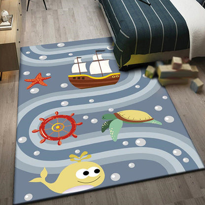 Vivolux | Süßer Wal Muster Teppich Blau Kinder Teppich Polyester Haustierfreundlich Waschbarer Bereichsteppich für das Kinderzimmer