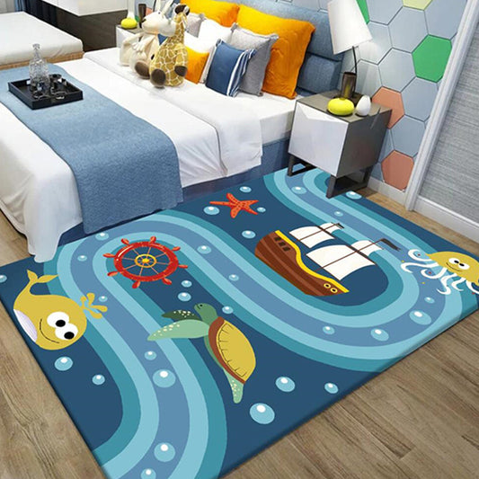 Vivolux | Süßer Wal Muster Teppich Blau Kinder Teppich Polyester Haustierfreundlich Waschbarer Bereichsteppich für das Kinderzimmer