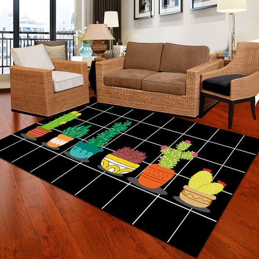 Vivolux | Kinder Kaktusmuster Teppich Schwarz und Grün Polyester Teppich Waschbar Haustierfreundlich Rutschfester Bereichsteppich für das Kinderzimmer