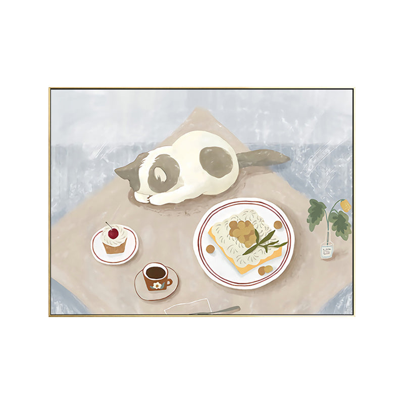 Vivolux | Pastel kleur Cartoon Kat Schilderij Textuur Hedendaagse Stijl Eetkamer Wandkunst