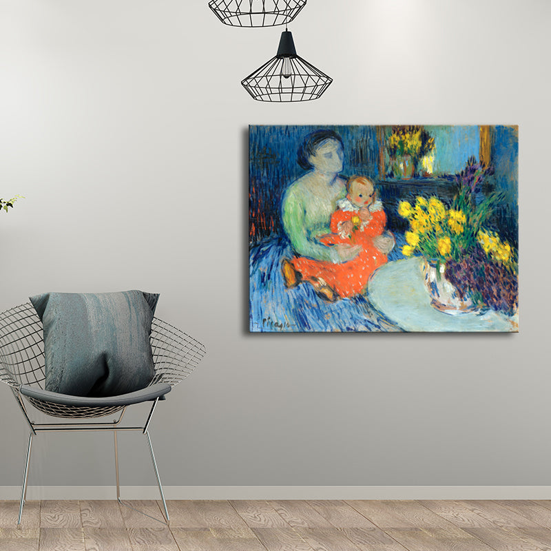Vivolux | Kinder und Frauen Malerei im blauen Impressionismus Stil Wandkunst Dekor für Esszimmer
