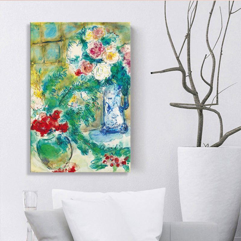 Vivolux | Grünes Blumen- und Vasenmalerei Zeichnung Französische Rustikale Strukturierte Leinwand für Spielzimmer
