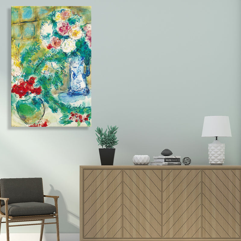 Vivolux | Grünes Blumen- und Vasenmalerei Zeichnung Französische Rustikale Strukturierte Leinwand für Spielzimmer