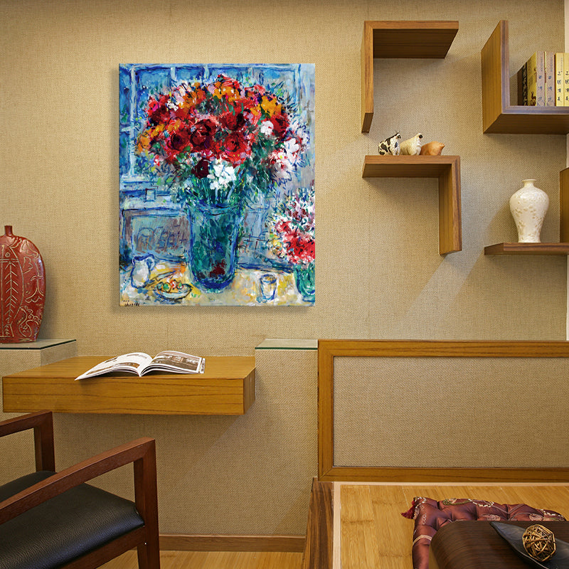 Vivolux | Blumen- und Vasen-Kunst Zeichnung Französischer Landhausstil Leinwand Texturierten Wanddruck in Blau