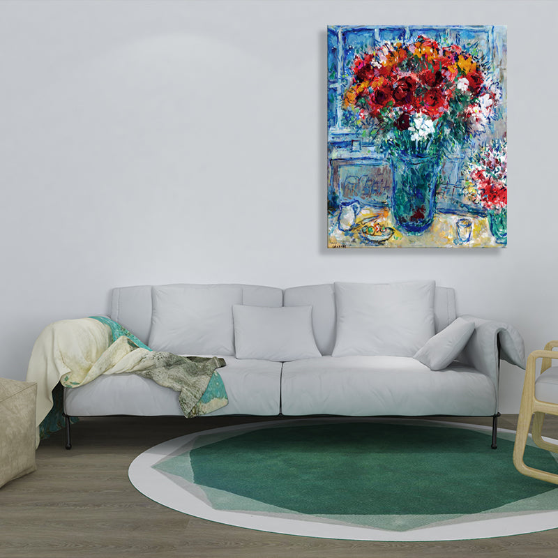 Vivolux | Blumen- und Vasen-Kunst Zeichnung Französischer Landhausstil Leinwand Texturierten Wanddruck in Blau