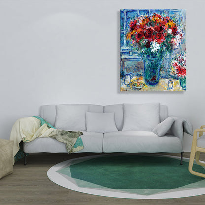 Vivolux | Blumen- und Vasen-Kunst Zeichnung Französischer Landhausstil Leinwand Texturierten Wanddruck in Blau