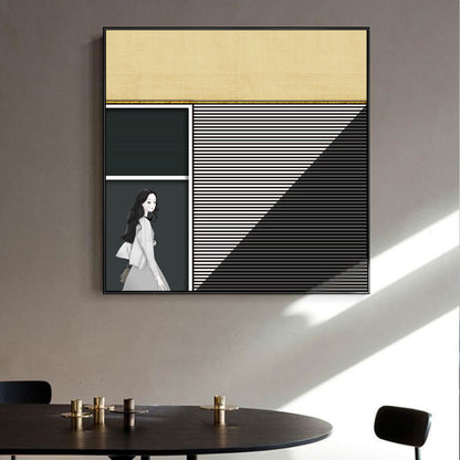 Vivolux | Walking Young Girl Wanddekor in Schwarz zeitgenössischem Stil Leinwand für das Wohnzimmer