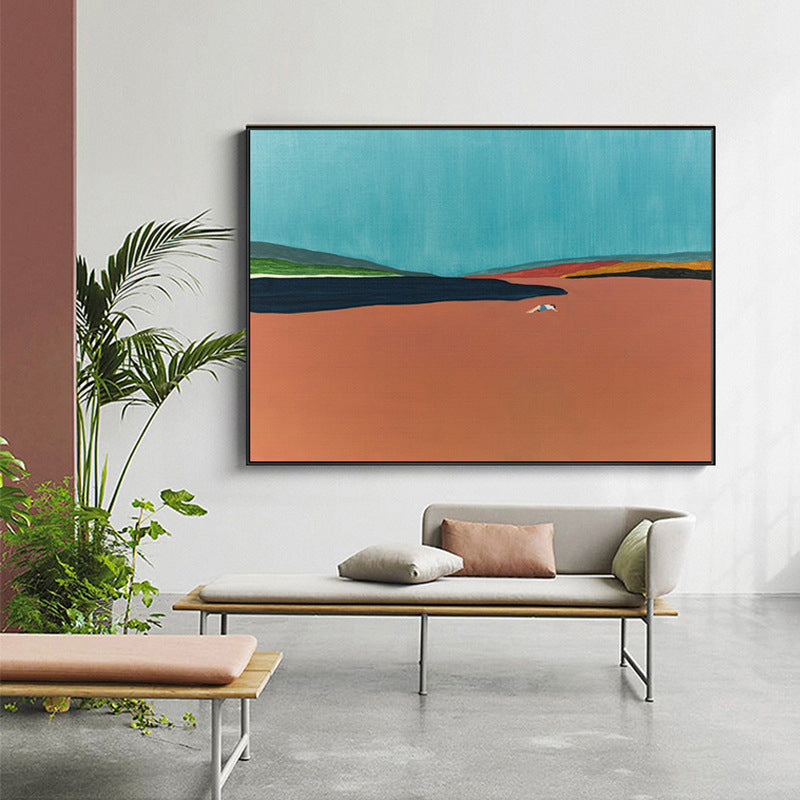 Vivolux | Zeitgenössische Flatlands Szene Leinwand in Orange Texturierte Wandkunst Dekor für das Badezimmer
