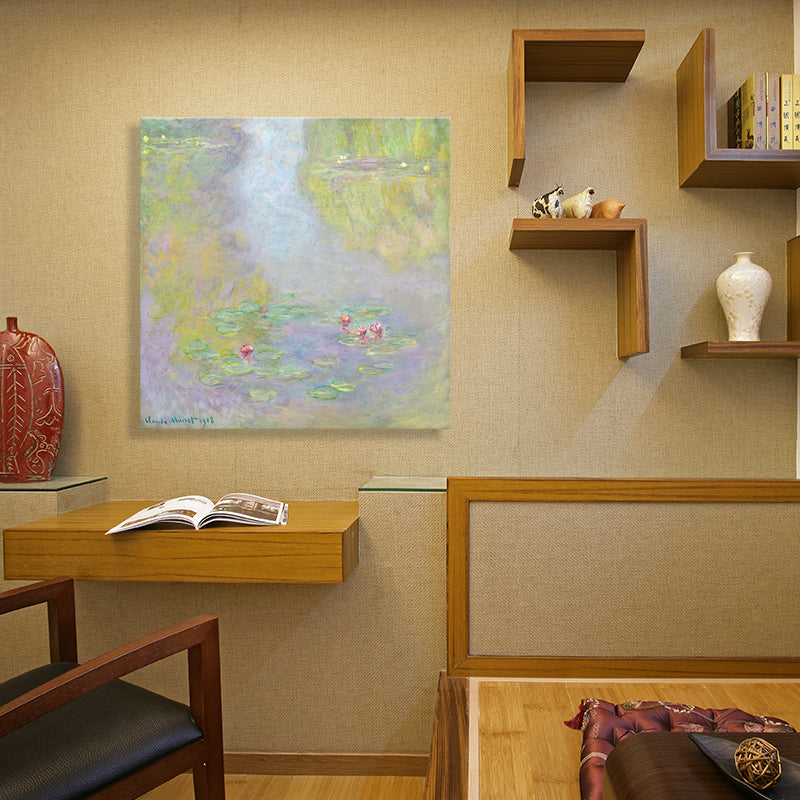 Vivolux | Grüne Lotusblumenlandschaft Leinwand Texturiert Französischer Rustikaler Stil Badezimmermalerei