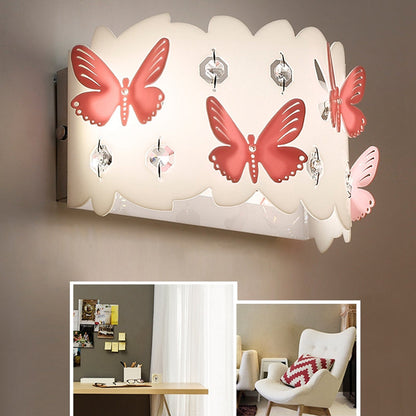 Vivolux | Mädchen Schlafzimmer Wandleuchte mit geätzt rosa Schmetterling Metall romantische weiße Wandleuchte