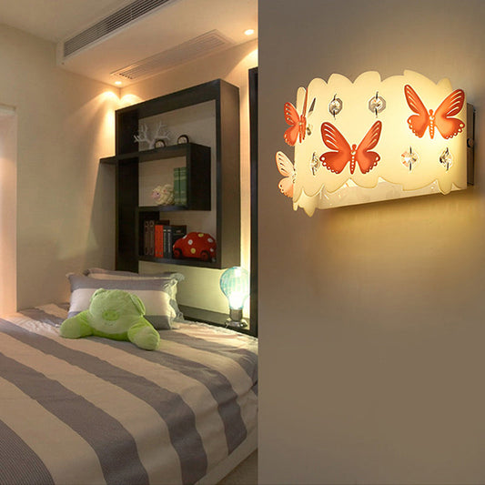 Vivolux | Mädchen Schlafzimmer Wandleuchte mit geätzt rosa Schmetterling Metall romantische weiße Wandleuchte