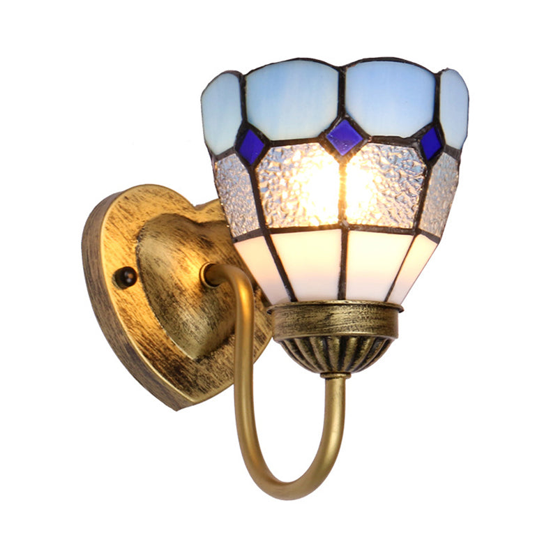 Vivolux | 1 Kopf Badezimmer Wandleuchte Tiffany Blau/Weiß/Antik Messing Wandmontierte Leuchte mit Kuppel-Dimple-Glas-Schirm