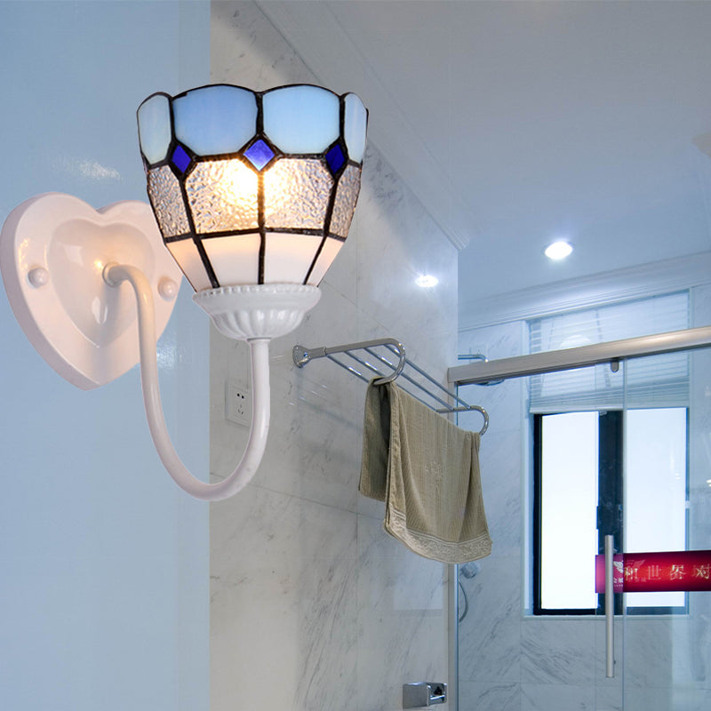 Vivolux | 1 Kopf Badezimmer Wandleuchte Tiffany Blau/Weiß/Antik Messing Wandmontierte Leuchte mit Kuppel-Dimple-Glas-Schirm