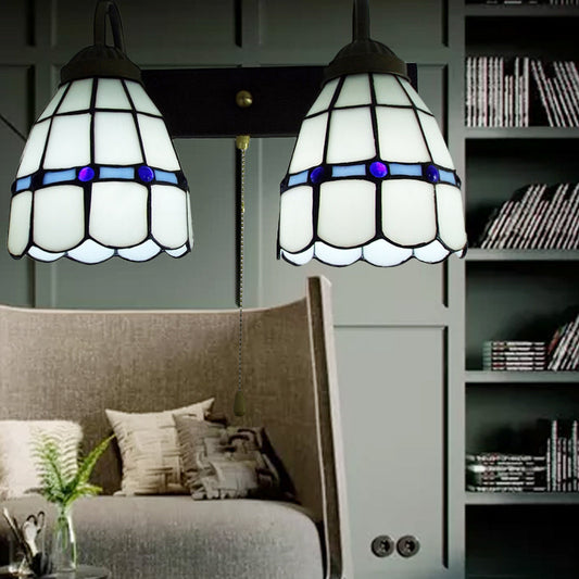 Vivolux | 1 Kopf Wandleuchte Tiffany Gittermuster Weißglas Wandmontierte Leuchte mit Zugkette