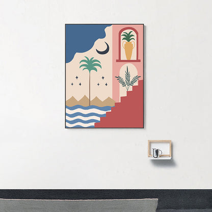 Vivolux | Strand bei Nacht Wandkunst Dekoration Wohnzimmer Landschaft Leinwanddruck in Pink und Gelb