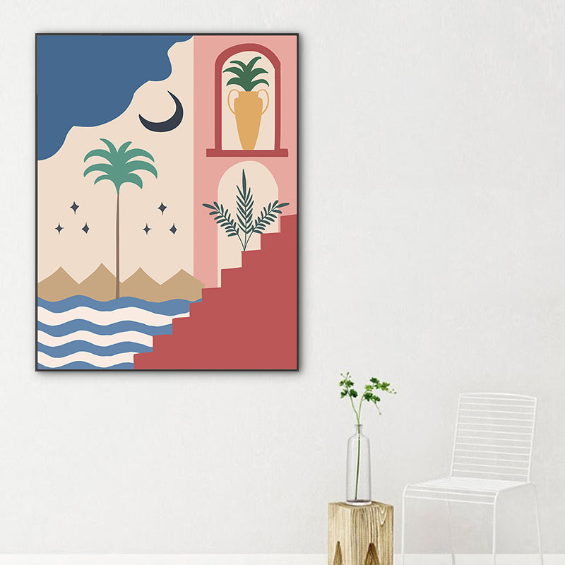 Vivolux | Strand bei Nacht Wandkunst Dekoration Wohnzimmer Landschaft Leinwanddruck in Pink und Gelb
