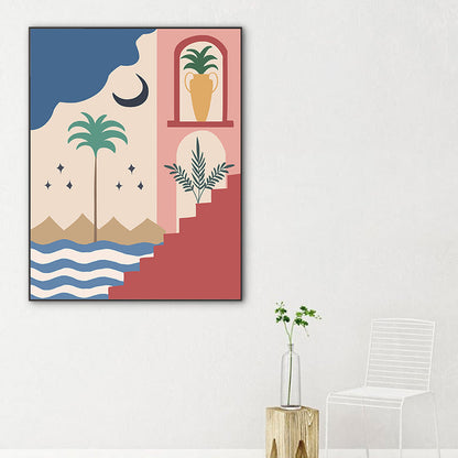 Vivolux | Strand bei Nacht Wandkunst Dekoration Wohnzimmer Landschaft Leinwanddruck in Pink und Gelb
