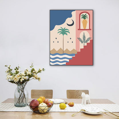 Vivolux | Strand bei Nacht Wandkunst Dekoration Wohnzimmer Landschaft Leinwanddruck in Pink und Gelb