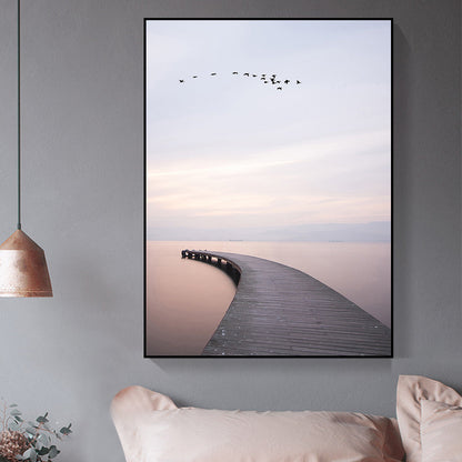 Vivolux | Braunes minimalistisches Wandkunstfoto Fluss gebogene Brücke Ansicht Leinwanddruck für Schlafzimmer