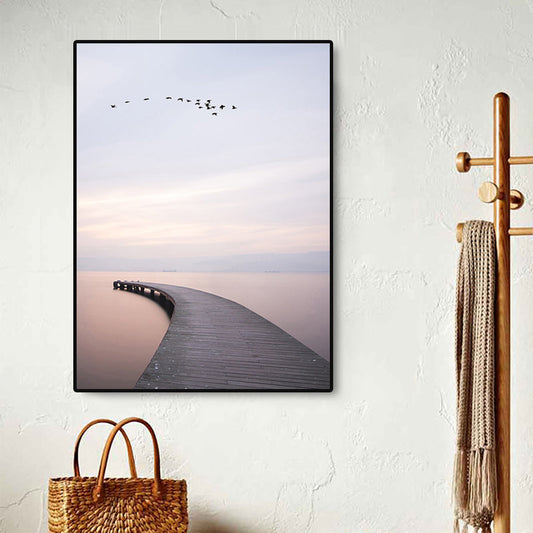 Vivolux | Braunes minimalistisches Wandkunstfoto Fluss gebogene Brücke Ansicht Leinwanddruck für Schlafzimmer