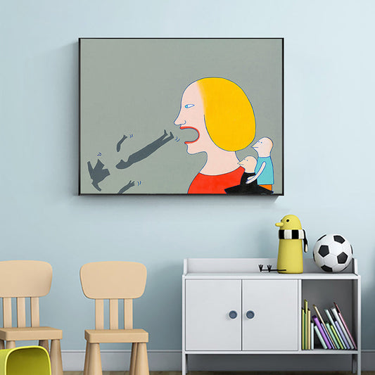 Vivolux | Lustiges Spoof Gemälde Leinwand Wohnzimmer Figur Druck Wandkunst Dekor in Gelb-Rot