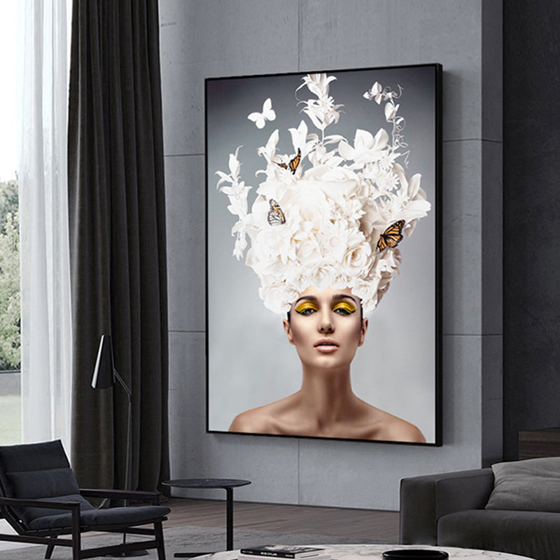 Vivolux | Glam Flower Hatted Maid Malerei Leinwand Beige Fotografie Wandkunst Dekor, Mehrere Größen